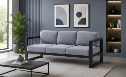 Image of Modern 3-Seater Outdoor Sofa with Black Metal Frame & Grey Cushions Set Upon a Sturdy Black Metal Geometric Base Frame.