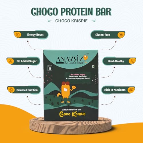 Image of ANAVRIN Choco Krispie Protein Bar - 15g Protein, 4g Fibre in each Bar (6 Bars x 50gm) Goodness of Dates, No Added Sugar, No Soy, No Preservatives High Protein Energy Bar, Healthy Snack