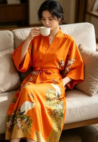 Image of Women's Classic 100% Silk Kimono Robe, Bathrobe-Printed Pattern