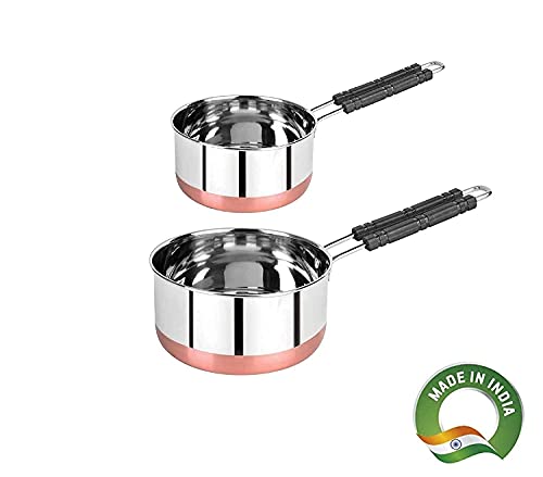 HS Enterprise Stainless Steel Copper Bottom Saucepan, Tea Coffee Pan, Milk Pan Pot, Induction Base Sauce Pan with Heat Proof Handle Combo Set of 2 Pcs ( 500ML & 1L)