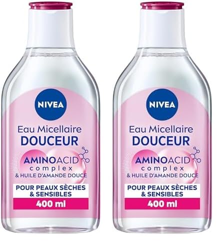 NIVEA Eau Micellaire DOUCEUR Peaux Sèches et Sensibles (1 x 400 ml), démaquillant enrichi aux micelles et acides animés sans parfum, nettoyant visage yeux & lèvres (Lot de 2)