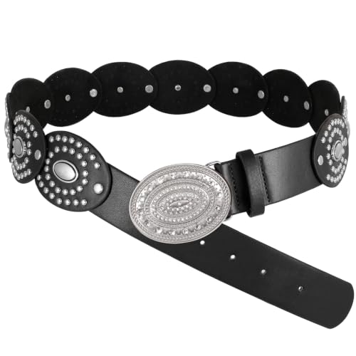XZQTIVE Women Wide Western Disc Belt,Vintage Cowgirl Boho Concho Belt with Rhinestone Buckle for Dress Jeans Country Concert
