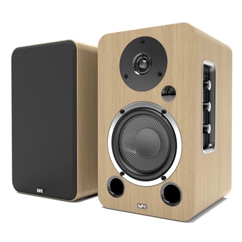 AZATOM Equinox 2 M4 Powered Bookshelf Hifi Speakers, 2.0 Active, Bluetooth, Wired, Wooden Enclosure, Perfect for Music, Vinyl records, Home Theatre, Gaming, Laptops, PC, 80 Watts (Oak)