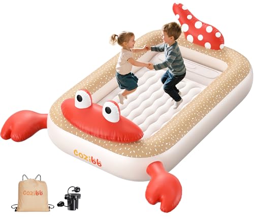 CoziBB Inflatable Toddler Travel Bed, Portable Travel Bed with Flocked Mattress, Built-in Pillow & Carry Bag, 4 Side Safety Bumpers for Toddlers-Hermit Crab