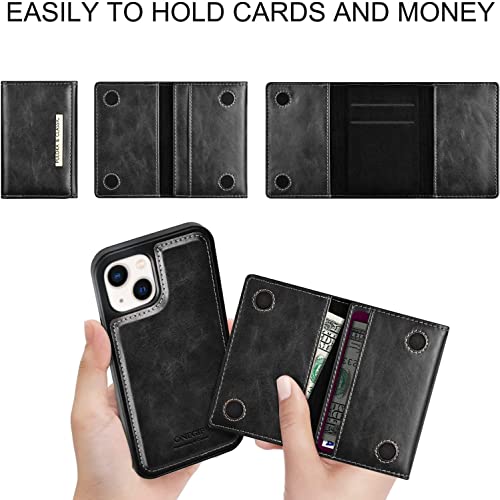 Image of PULOKA Wallet Back Case - Compatible with iPhone 13 - Vegan Leather Phone Cover - Detachable Card Holder Case with Kickstand - Shockproof, Anti Scratch & Raised Edges for Protection - Black