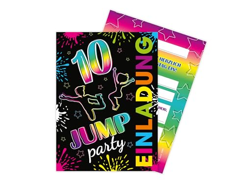 Limonia 12 Einladungskarten zum 10. Geburtstag Motto Jump-Party Trampolin neon Feier Fest Einladung Set Geburtstag Mädchen Kinder Jungs Jungen Boys Teenies