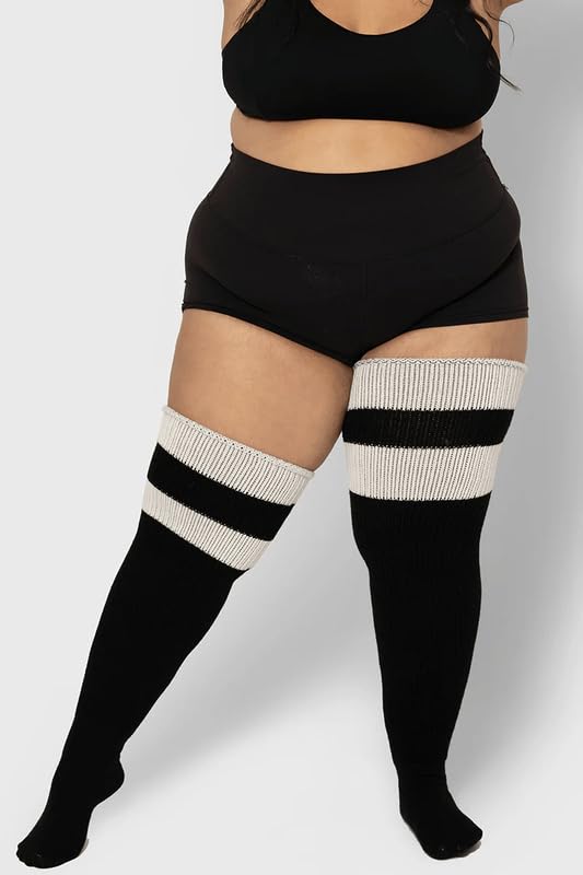 Image of Thunda Thighs Plus Size Thigh High Socks, Over the Knee High Boot Stockings Leg Warmers, Extra Long & Thick Socks, Thunda Woolies, Black and White
