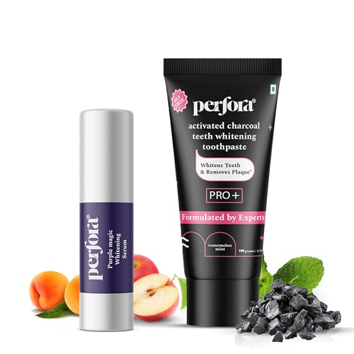 Perfora Luminous White Oral Care Combo: Purple Magic Whitening Serum & Charcoal Watermelon Mint SLS Free Toothpaste For Adults | Enamel Safe & Effective Teeth Whitener