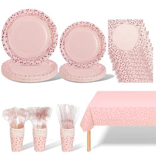 AIPartywar Stoviglie per Feste Oro Rosa 141 Pezzi Stoviglie Carta Set Include Piatti di Carta Tovaglioli Tazze, per Nuziale Doccia, Matrimonio, Compleanno(20 Ospiti)