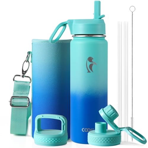 Coolflask 24 oz Insulated Water Bottle with Straw & 3 Leakproof Lids