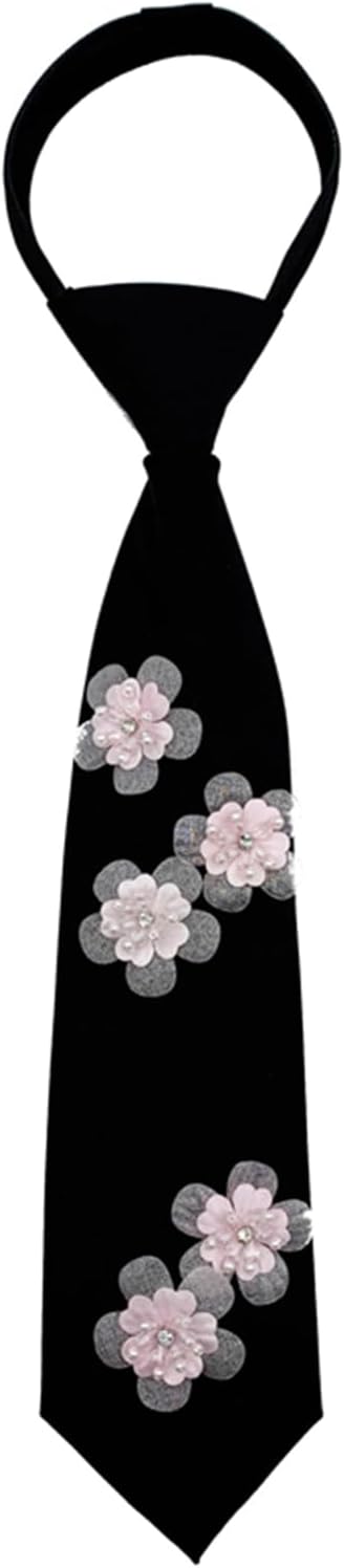 Women's Tie, Pearls 3D Flower Zipper Adjustable Neckties Black Pre-Tied Neckties for Uniform, Casual, Party