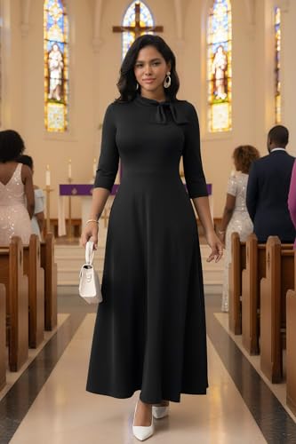 Image of FANDEE Maxi Dress for Women Long Elegant 3 /4 Sleeve Bow Tie Neck A Line Casual Party Church Dresses with Pockets