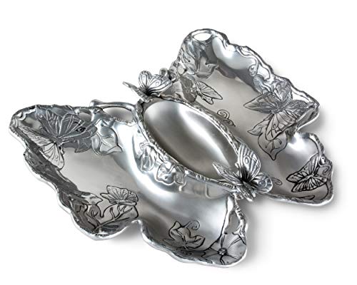 Arthur Court Designs Garden Chip And Dip Platter In Butterfly Pattern Sand Casted In Aluminum With Artisan Quality Hand Polished Designer Tarnish-Free Spring Décor 14.5 Inch Diameter #TOP5