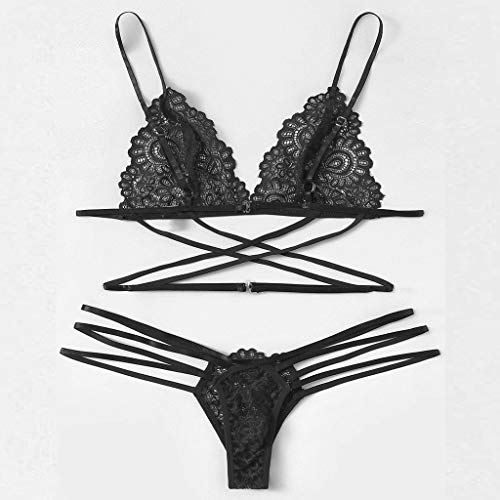 Atezch_ Women Sexy Lace Lingerie Thong Set Bandage Halter Lingerie Teddy 2 Piece Hollow Out Backless Bodysuit Lace Babydoll (Black, M) #TOP3