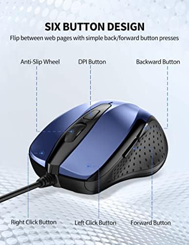 TECKNET USB Wired Mouse, 6-Button Corded Computer Mouse with 4 Adjustable DPI, Optical Computer Mice with Ergonomic Design and 5FT Cord for Laptop, Chromebook, PC, Desktop, Mac, Notebook-Blue - 3