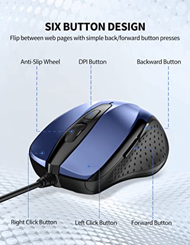 Image of TECKNET USB Wired Mouse, 6-Button Corded Computer Mouse with 4 Adjustable DPI, Optical Computer Mice with Ergonomic Design and 5FT Cord for Laptop, Chromebook, PC, Desktop, Mac, Notebook-Blue