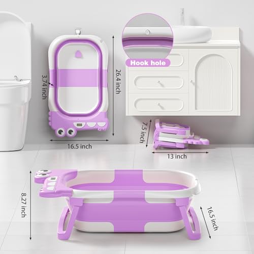 Image of Collapsible Baby Bathtub for Newborn, Foldable Baby Bath Tub with Thermometer & Soft Floating Cushion & Drain Hole, Portable Travel Infant Bath Tubs for Newborns to Toddlers 0-36 Months Girls