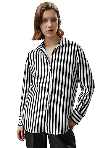 LilySilk Chemise en Pure Soie pour Femme Chemisier à Fines Rayures Bleues et Blanches avec col en V et Manches Longues pour Le Travail XL, Rayures Noires Et...