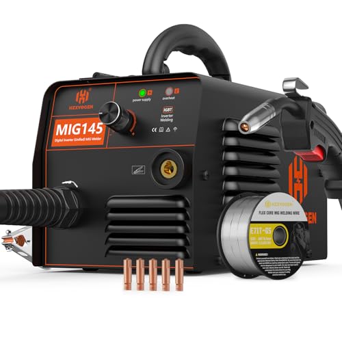 H HZXVOGEN 145A MIG Welder, 110V/220V Flux Core Welder with Synergy, IGBT Inverter Portable Gasless Welder Equipment Dual Voltage MIG Welding Machine