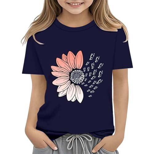 Girls Loose Fit Sunflower Graphic T Shirts Short Sleeve Crewneck Cute Pattern Printed Tops (B-Dark Blue, 12-13 Years)
