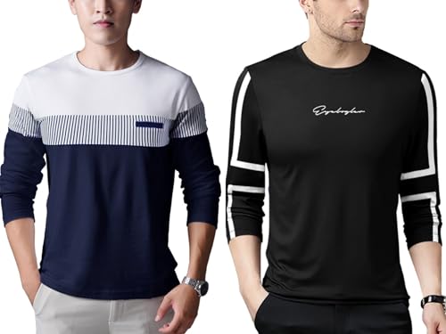 Image of Noble Monk Men Full Sleeve Round Neck T-Shirt | Printed Sleeves |Regular fit Tshirt for Men