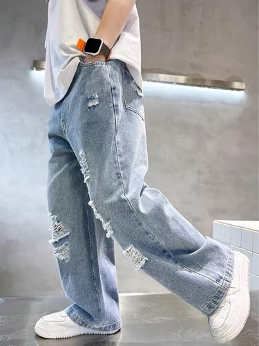 SHENHE Boy's Baggy Jeans Wide Leg Ripped Hip Hop Loose Fit Casual Denim Pants with Pockets3