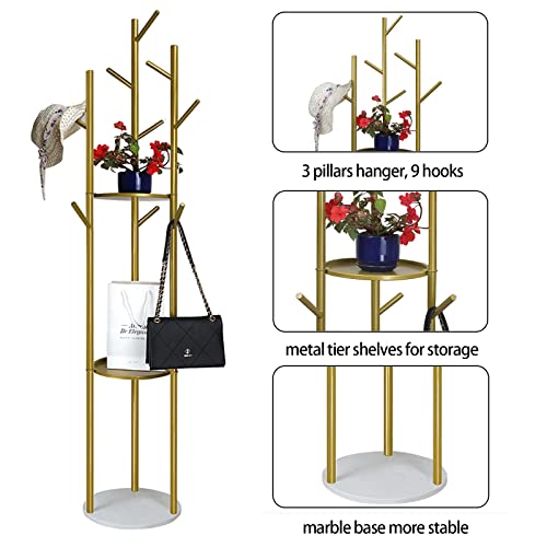 Lugshiree Coat Rack Freestanding Metal Coat Tree Rack Stand With 3 Storage Shelves And 9 Hooks Marble Base For Hanging,Jackets Hats Bags Purses Entryway Hall Bedroom (Gold) #TOP4