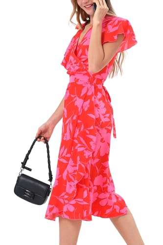 Image of Women's Summer Wrap Maxi Dress Casual Boho Floral V Neck Short Sleeve Ruffle Hem Split Beach Long Dresses