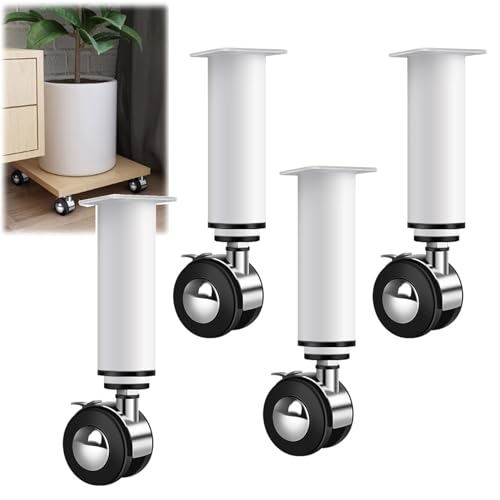 Lot de 4 pieds d'armoire réglables en métal avec roulettes universelles pour canapé, fauteuil, commode, ottoman, plage de hauteur 8 à 12 cm, blanc, facile à installer et à déplacer