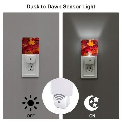 Image of Fall Maple Leaves Night Light Set of 2, Auto Sensor LED Dusk-to-Dawn Nightlights, Plug-in Sensor Lamp for Bedroom Bathroom Kitchen Hallway Stairs Decorative