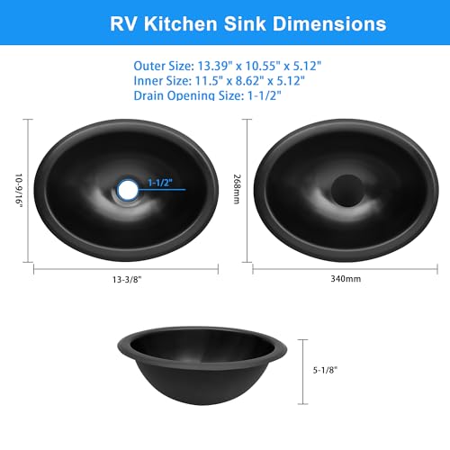 Image of Black RV Kitchen Sink, 13.39 inch X 10.55 inch X 5.12 inch Stainless Steel Bar Sink, 13 Inch Small Kitchen Sinks used at Bathroom,Outdoor, RV and Bar, Included Kitchen Sinks Drain Assembly