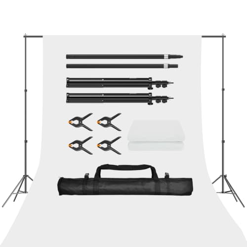 EMART Support Toile de Fond Photo de 2x2m avec Toile de Fond Blanc de 1,5x3m, Sac de Transport et 4 Pinces à Ressort pour la Photographie, la Décoration, la...