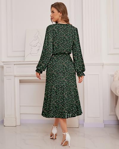 Image of CYiNu Women's Midi Dresses Long Sleeve Crew Neck Flowy Casual Floral Boho Tiered Chiffon Smocked Elegant Dress