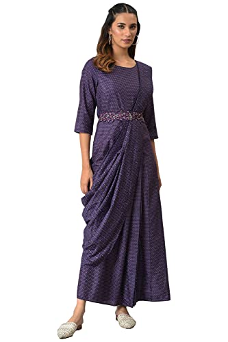 Image of W for Woman Women Maroon Maxi Insta Saree Dress with Embroidered Belt