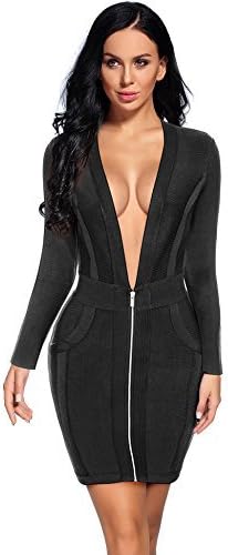 Madam Uniq Long Sleeves Bandage Dress Deep V Neck Mini Bodycon Club Dress (Black, M)