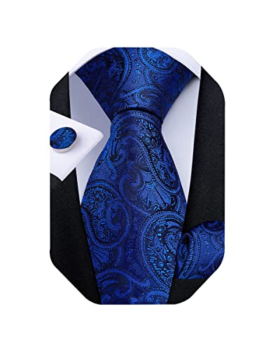 Image of DiBanGu Extra Long Tie for Men 63 inch XL Silk Necktie Set | Pocket Square and Cufflinks, Big and Tall, Jacquard Woven, Gift Box, Paisley /Plaid /Solid /Striped, for Weddinng Party Business