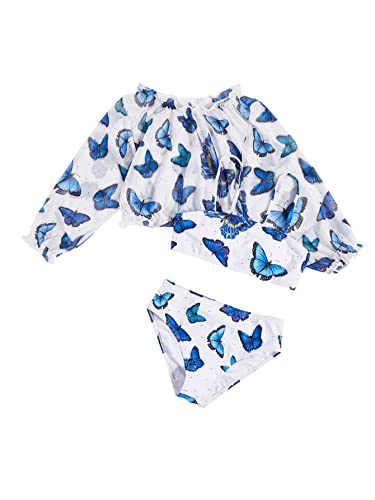 WDIRARA Girl's 3 Piece Bathing Suits Cartoon Butterfly Print Cute Swimsuit Cover Up Top