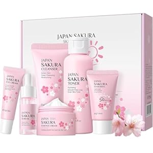 Skin Care Sets & Kits,Skin Care For Teenage Girls,Cherry Blossom Skincare Sets,Pamper Sets For Women Gifts,Facial Kit with Cleanser,Toner,Serum,Eye,Essence Serum,sunscreen