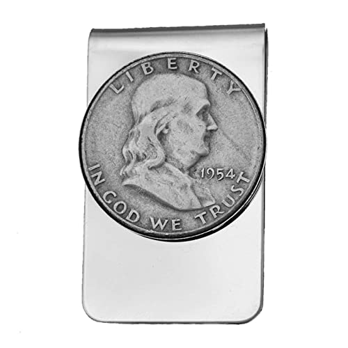 US 1954 Franklin Half Dollar 90% Silver Coin Stainless Steel Money Clip NEW - Silver Plated Coin Bezel