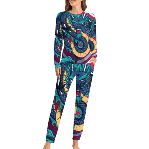 Pyjama femme dragon ensemble t-shirt manches longues motif imprimé original