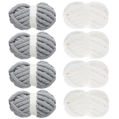 MABOZOO Assorted Chunky Yarn for Crocheting, Hand/Arm Knitting,8 Pack Fluffy Jumbo Chenille, Soft Plush Bulky Yarn,Giant Thick Fuzzy,4 White & 4 Grey, 31.7 Yds/8 Oz Each
