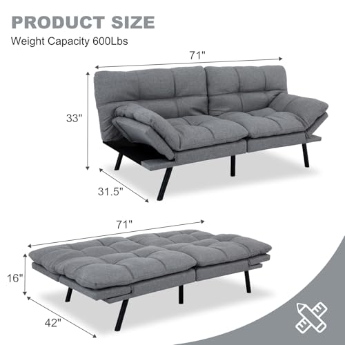 Image of MUUEGM Futon Sofa Bed Convertible Couch,Memory Foam Futon Sofa Couch,Sleeper Futons Sofa Couches,Small Splitback Modern Loveseat Sofa Bed for Living Room,Office,Apartment,Linen Fabric,Light Gray.