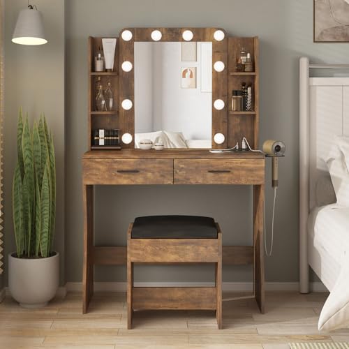 Image of Vabches Vanity Desk with Lights,Makeup Vanity with Power Strip,Dressing Table Set with 2 Large Drawers,Vanity Mirror 3 Lighting Color Adjustable,Rustic Brown