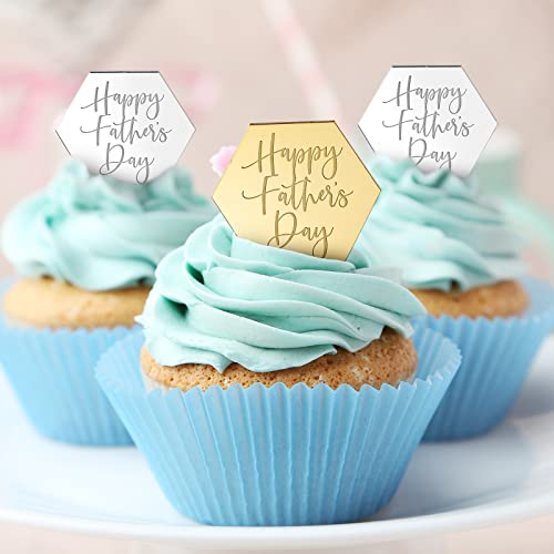 24 Pieces Happy Father's Day Cake Disc Mirror Acrylic Cupcake Toppers Mini Cake Topper Discs (Hexagon) #TOP3