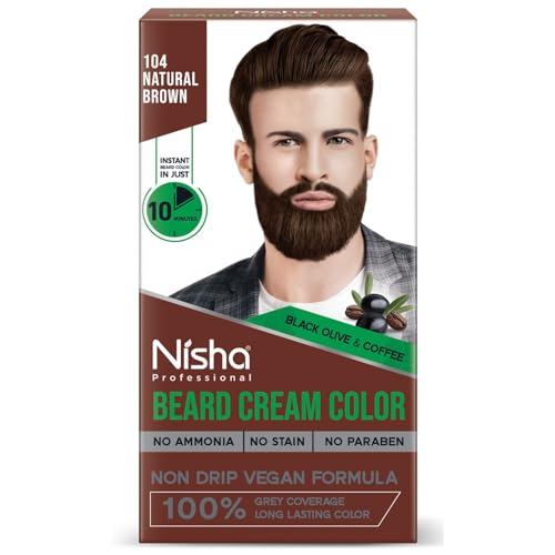Nisha Beard Colour For Men, Natural Brown, 100% Grey Coverage, No Ammonia, No Stain, No Paraben, Non Drip Vegan Formula, Long Lasting Color in 10 Minutes, 60g Colorant + 60g Developer
