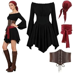 Piratenkostüm Damen Set, Piraten Karneval Kostüm Damen, Off-Shoulder Weißes Kleid mit Korsett, Kopftuch & Taillenschal Mittelalter Kleidung Frauen Piratin Outfit für Halloween Fasching Cosplay