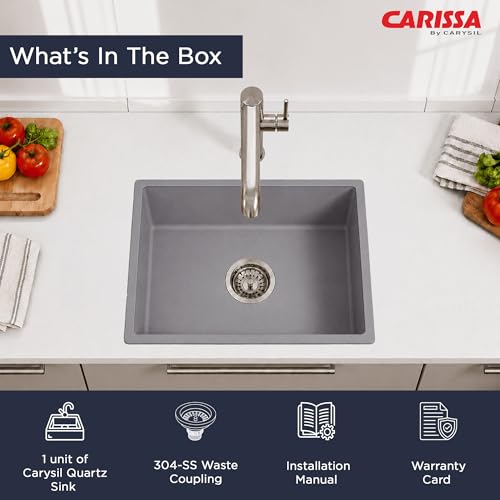 Image of Carissa By Carysil Titanium Quartz Kitchen Sink 18 x 16 x 8 inches, Single Bowl Granite Sink with 80% Quartz & 20% Resin, Heat Resistant 300C, 50kg Load Bearing, Stain Resistant - Silver Grey
