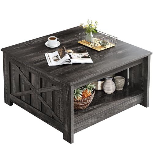 DWVO Square Coffee Table for Living Room Farmhouse Coffee Table with Storage,2-Tier Wood Center Table with Half Open Storage Compartment, Dark Rustic Oak