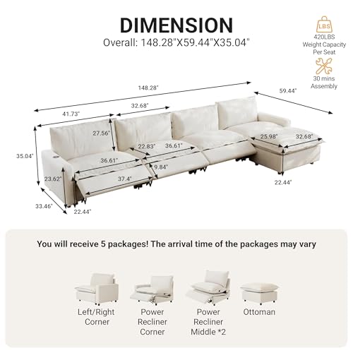 Image of 148.82 inch Power Reclining Sofa with Wireless Charging & Heated Seats,Smart Recliner Sectional Couch,Zero Gravity Recliner Sofa,Deep Seat Cloud Couch for Living Room Home Theater,Beige,5 Seats