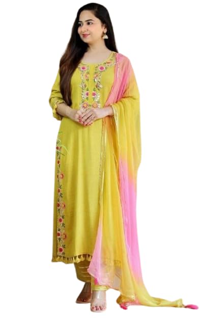 Yellow Rayon Embroidered and Lace Work Kurti, Pant and Dupatta Set. (3 Pcs Set)-image-17